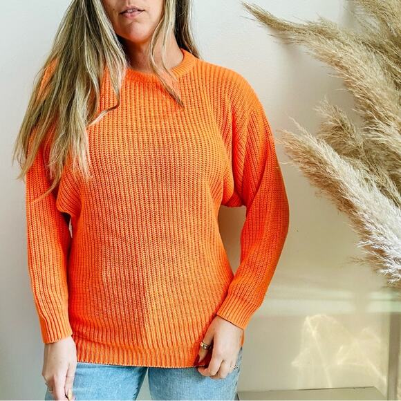 EXPRESS Neon Orange Chunky Thick Knit Tunic Pullover Crew Neck Cozy Sweater M - Picture 11 of 14